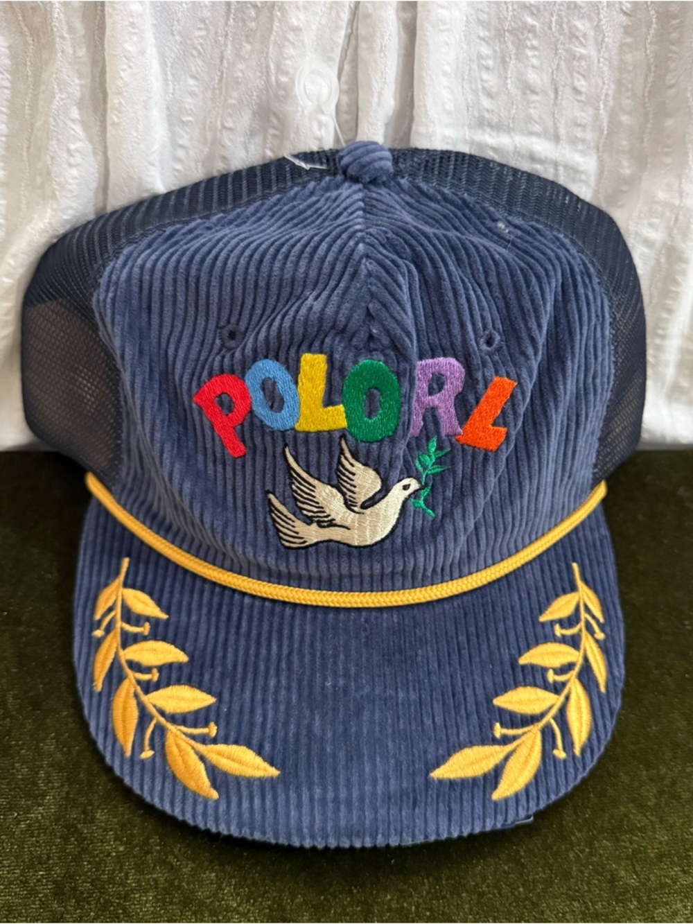 Ralph Lauren Navy Corduroy Trucker Hat with Multicolor 'PEACE LOVE' Embroidery